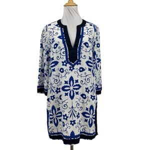 Boden Tunic Top Women 8 Multi Linen 3/4 Sleeves V Neck Floral Double Slit Caftan